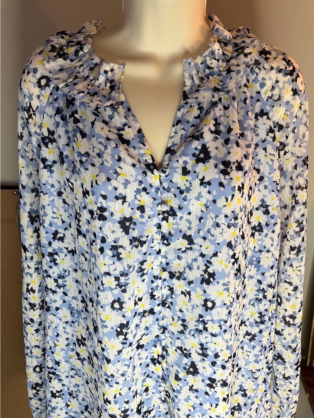 Ann Taylor Light Blue Floral Ruffle-Neck Blouse